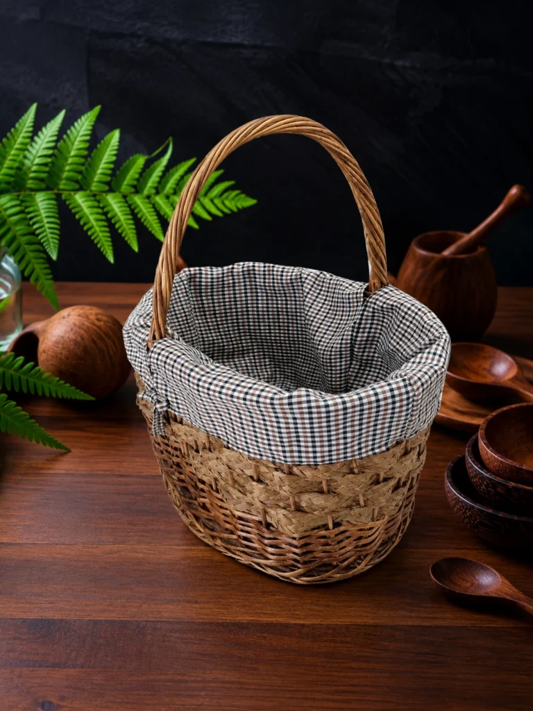 سبد حصیری دسته‌دار کد 3 با دهانه بیضی
