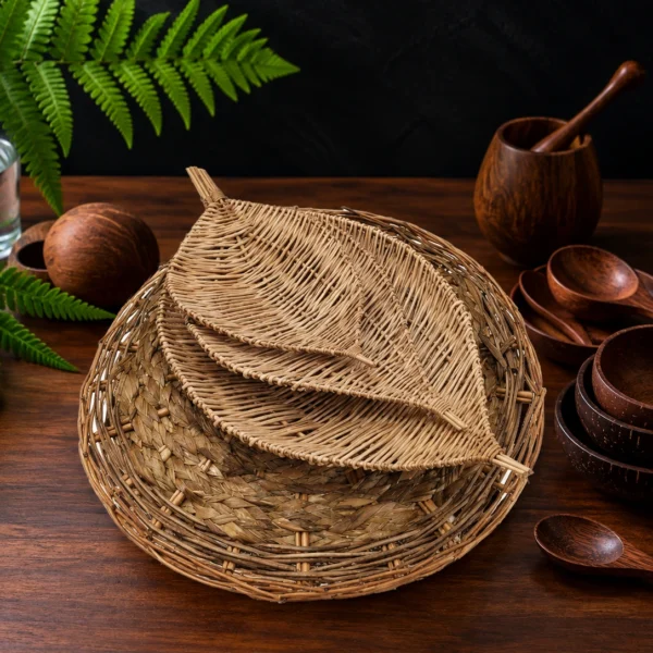 تصویر دیس حصیری دستباف مدل برگ